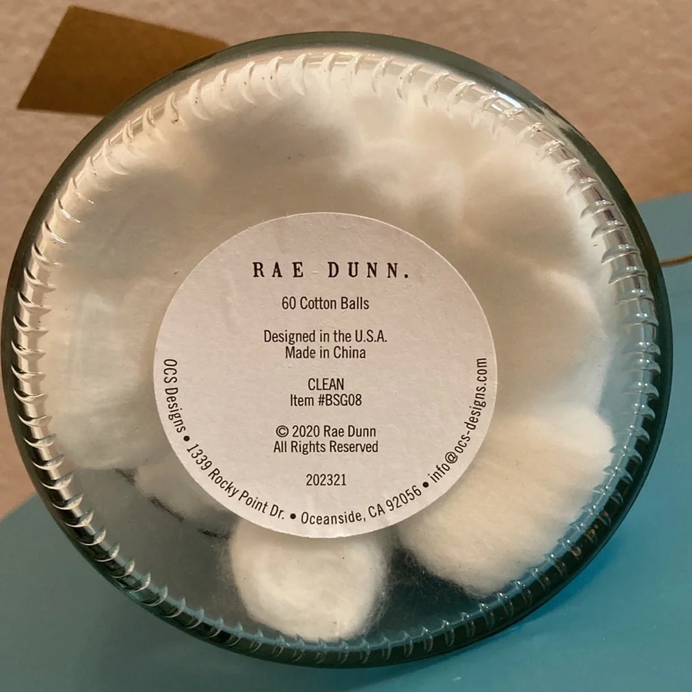 NWT Rae Dunn “Clean” Glass Jar with Wooden Lid and Cotton Balls